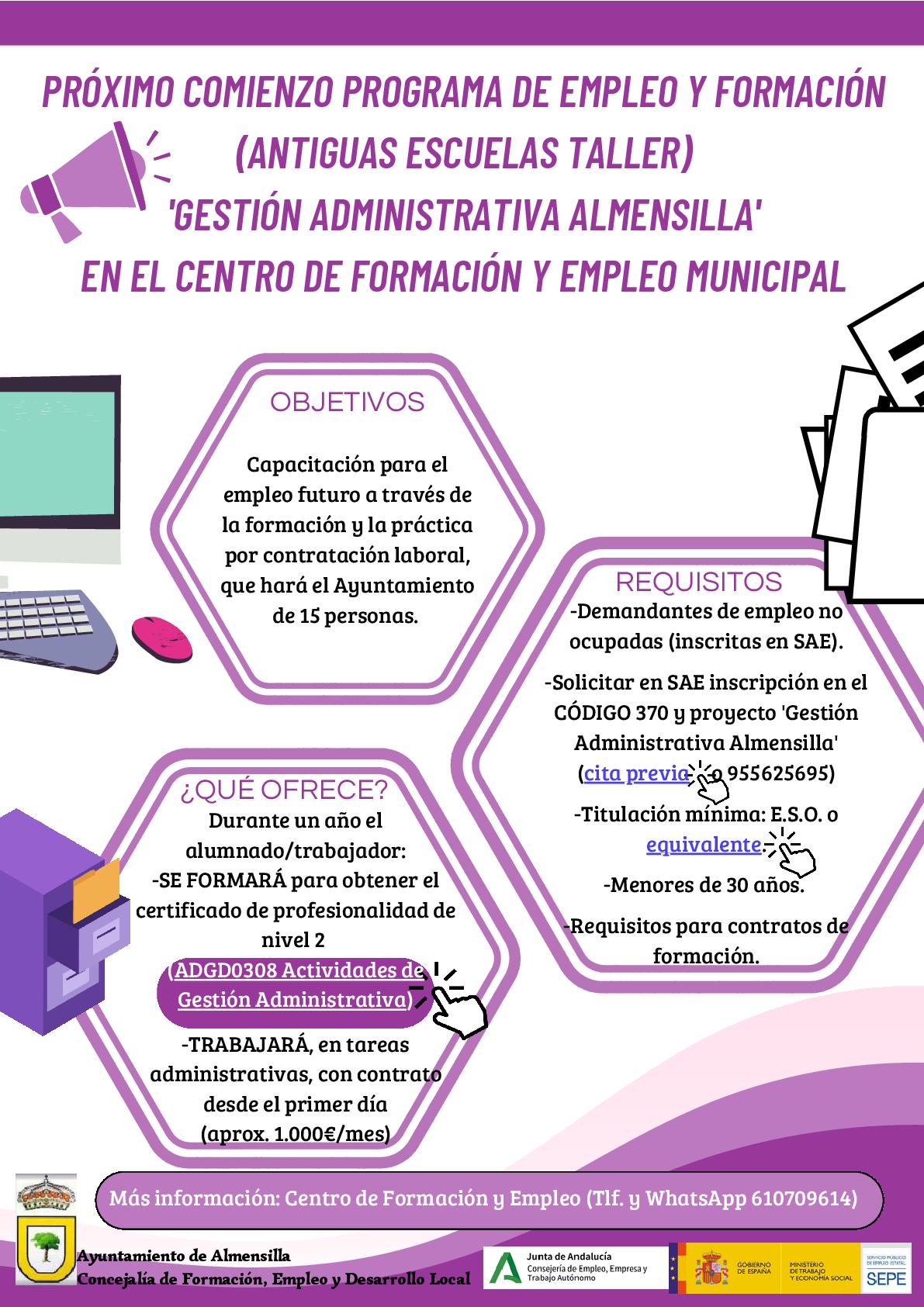 Próximo comienzo programa de empleo y formación 'gestión administrativa almensilla'-001